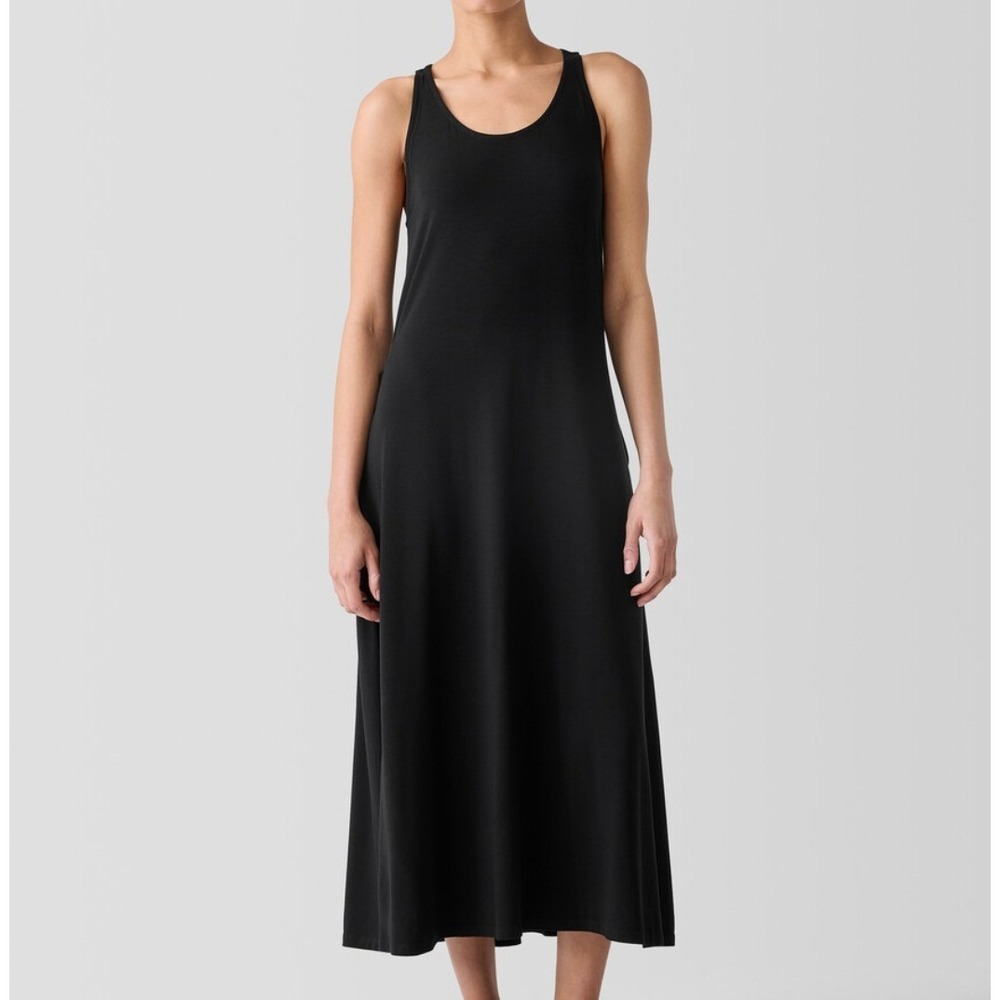 Eileen Fisher Fine Jersey Racer Back Black Midi Tank Dress Medium Tencel Capsule